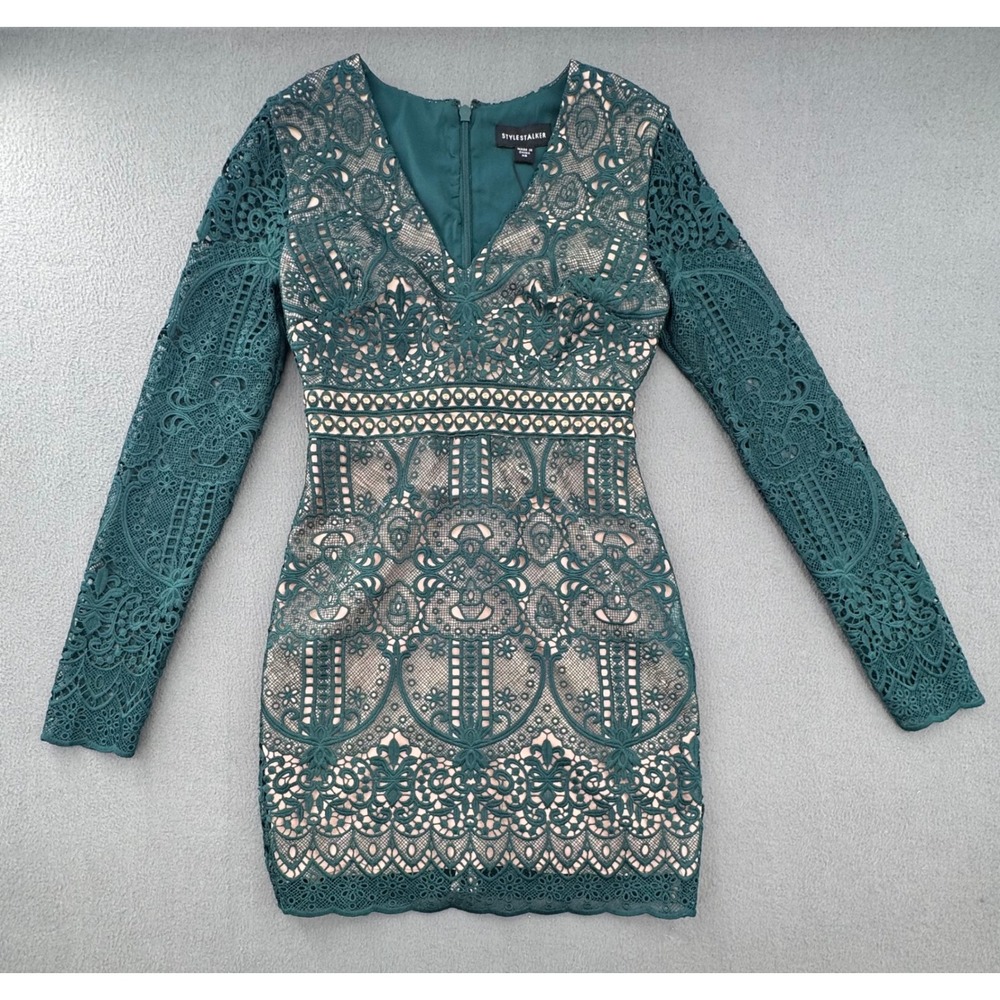 STYLESTALKER Arianna LS Dress XS Ocean Teal Lace Mini Bodycon Cocktail Victorian